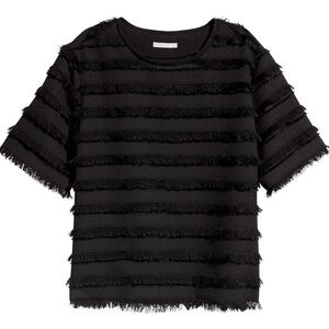 HM Black Eyelash Fringe Short Sleeve Textured Blouse
